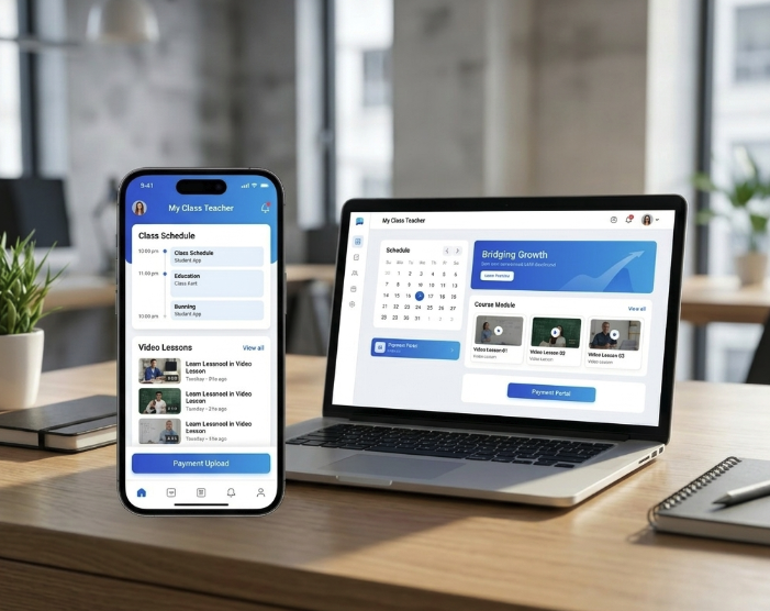 Student app showing class schedule, video lessons, and payment upload on phone and laptop