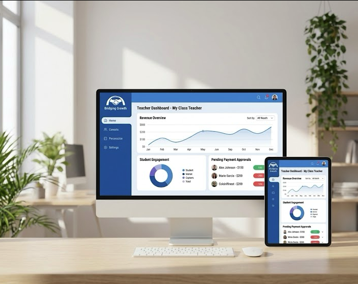 Teacher dashboard showing revenue overview, student engagement analytics, and pending payment approvals on desktop and tablet